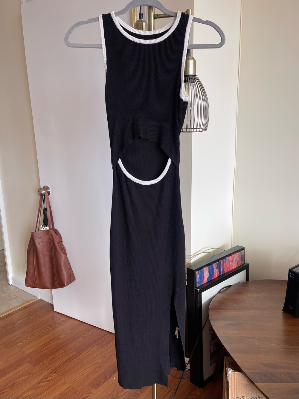 Sleeveless Black Cutout Midi Dress with White Trim